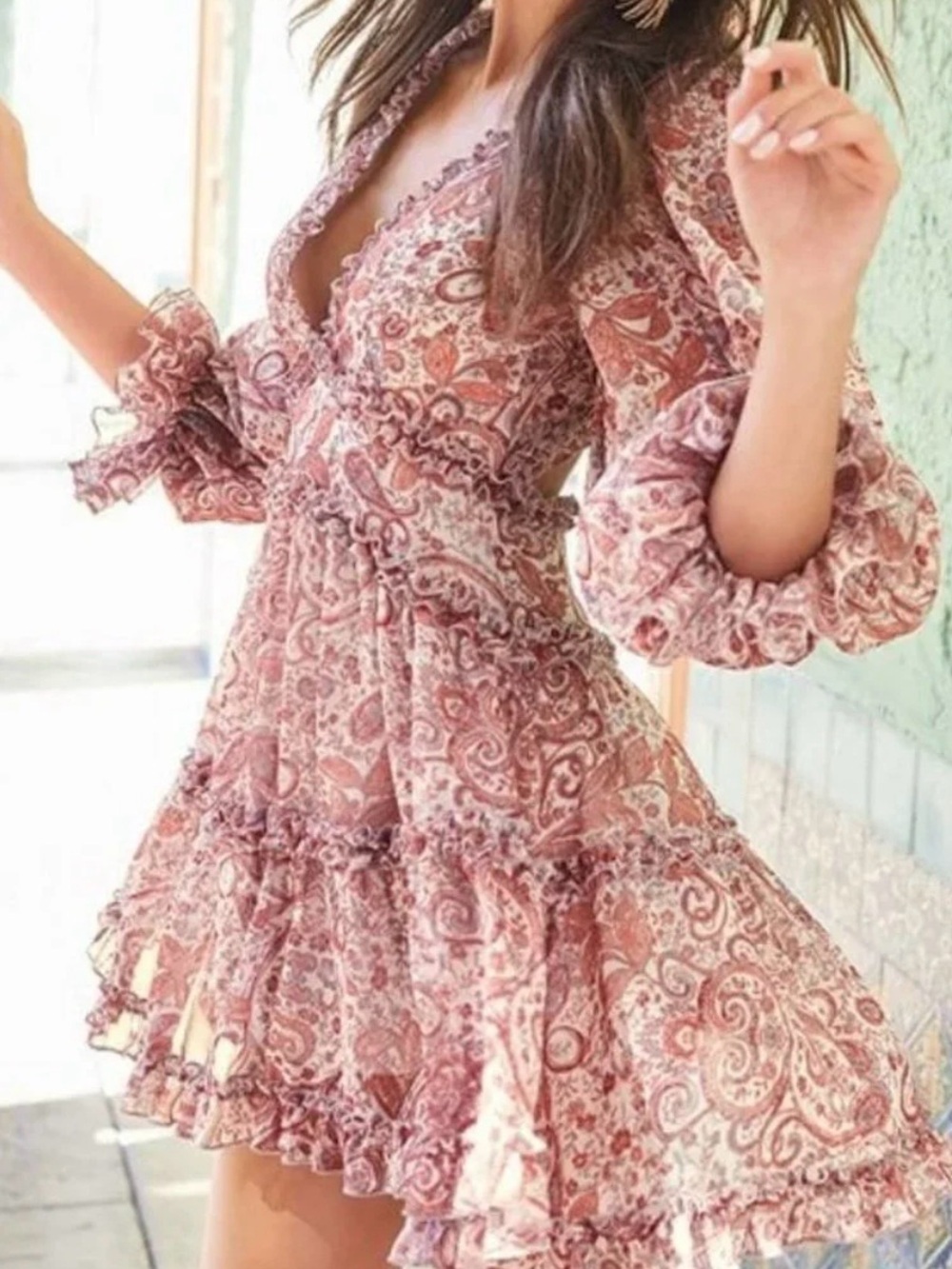 Venus Paisley Romantic Cottagecore Milkmaid Puff Sleeve Ruffle Mini Dress Size 2